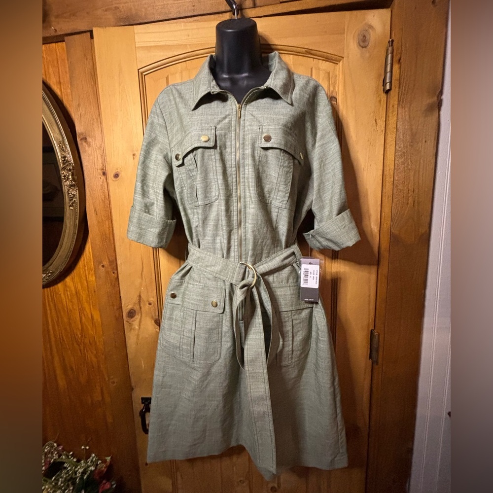 Sharagano Olive Green Belted Dress